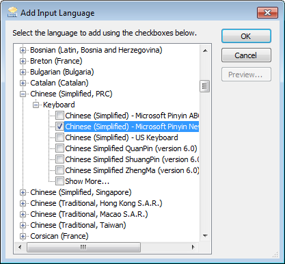 Windows 7 'Add Input Language' dialog box